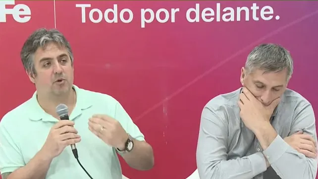 Los ministros Cococcioni y Olivares en la conferencia de prensa sobre el conflicto con un sector de la policía