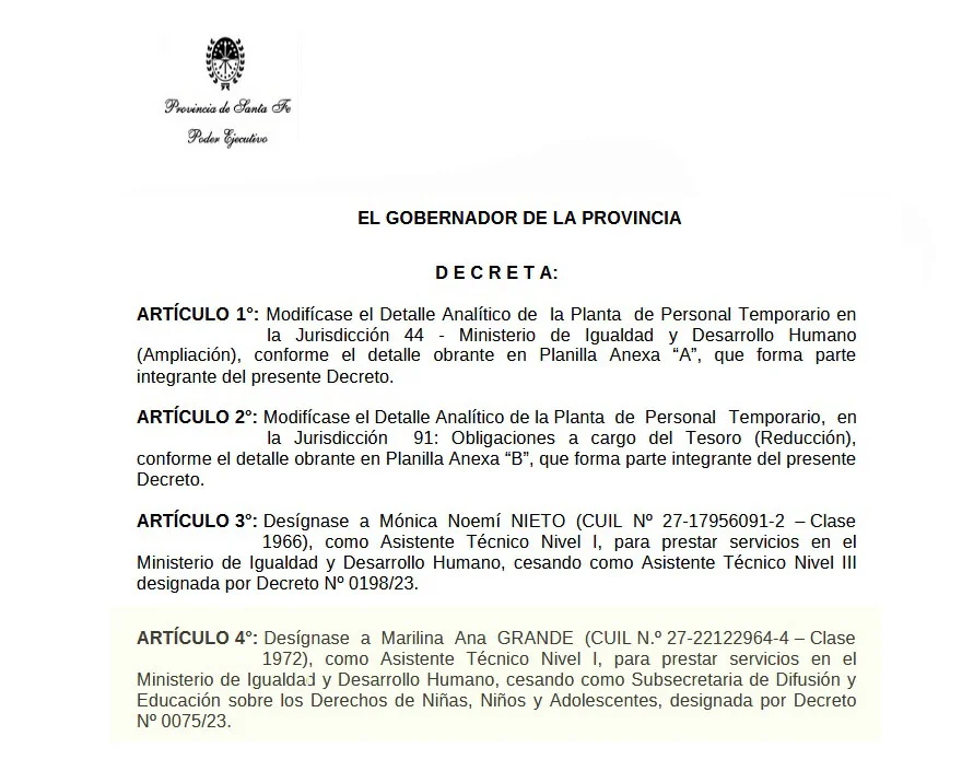 Decreto cese subsecretaria Marilina Grande