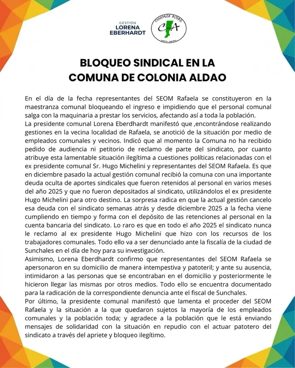 Colonia Aldao - Comunicado