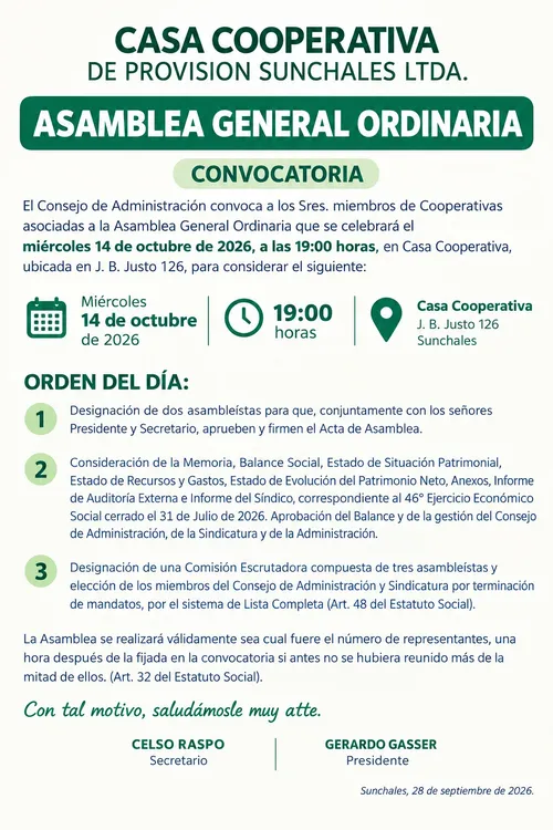 CONVOCATORIA ASAMBLEA CASA COOPERATIVA -ASAMBLEA 2026