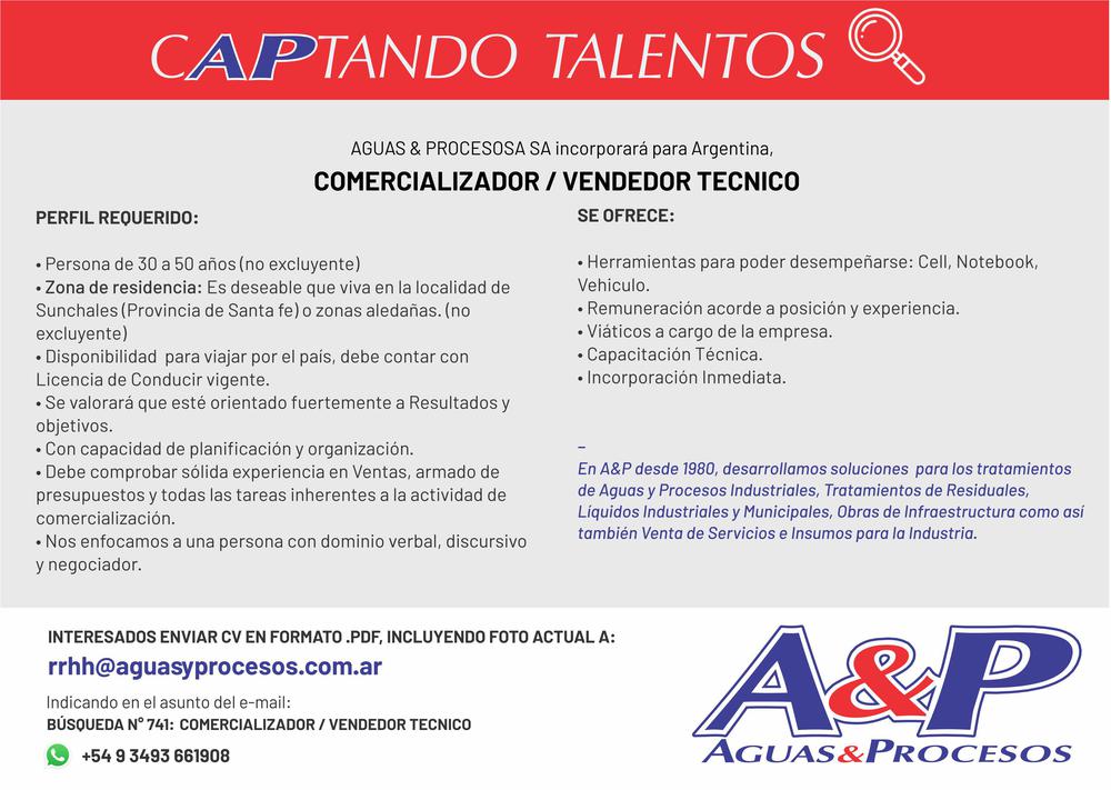 A&P - Placa Búsquedas Laboral 741 - Comercializador - Vendedor Tecnico