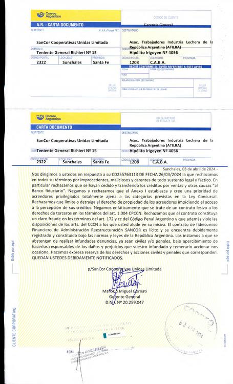 Carta Documento remitida por SanCor Cooperativas Unidas Ltda. a ATILRA
