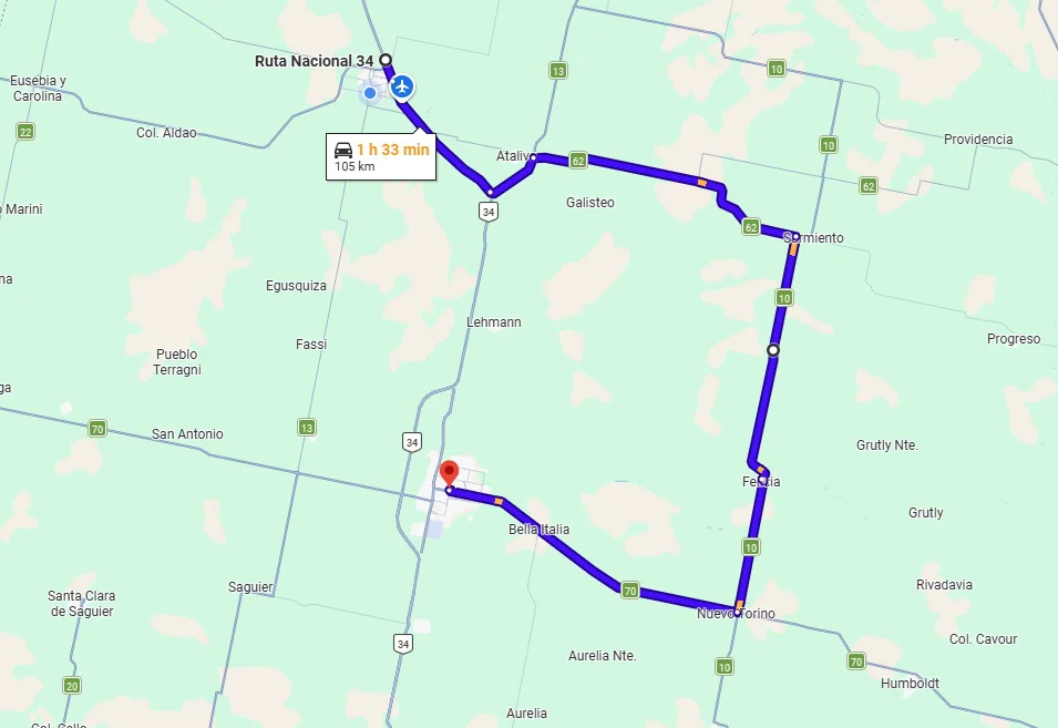 Primer recorrido desde la RN 34 tomar la RP 70 hasta Nuevo Torino