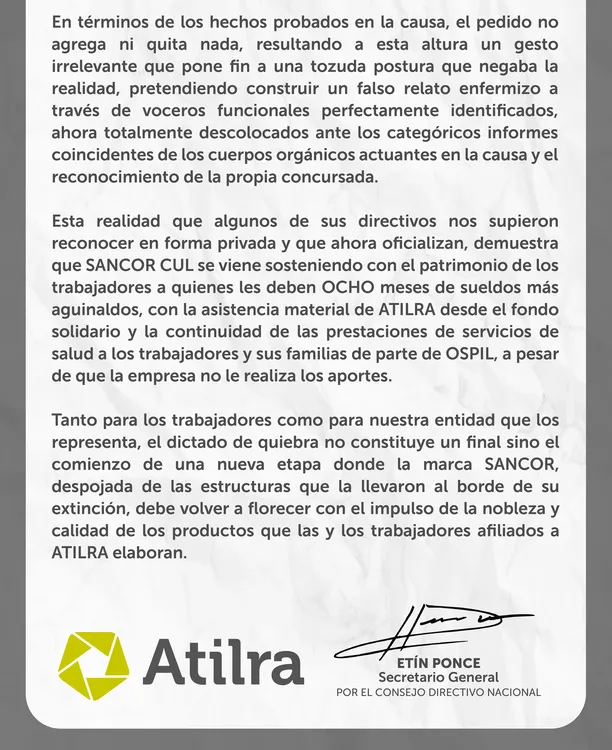 Comunicado CDN Atilra - Sancor pide la quiebra 2