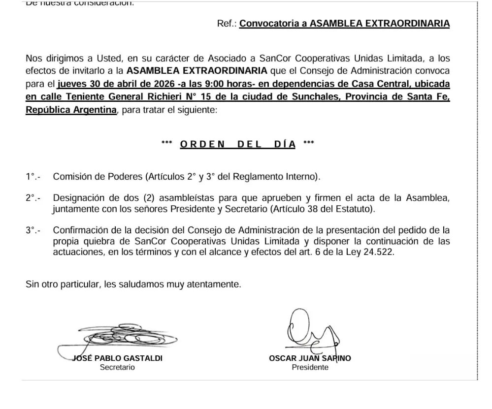 Asamblea SanCor - Pedido de quiebra